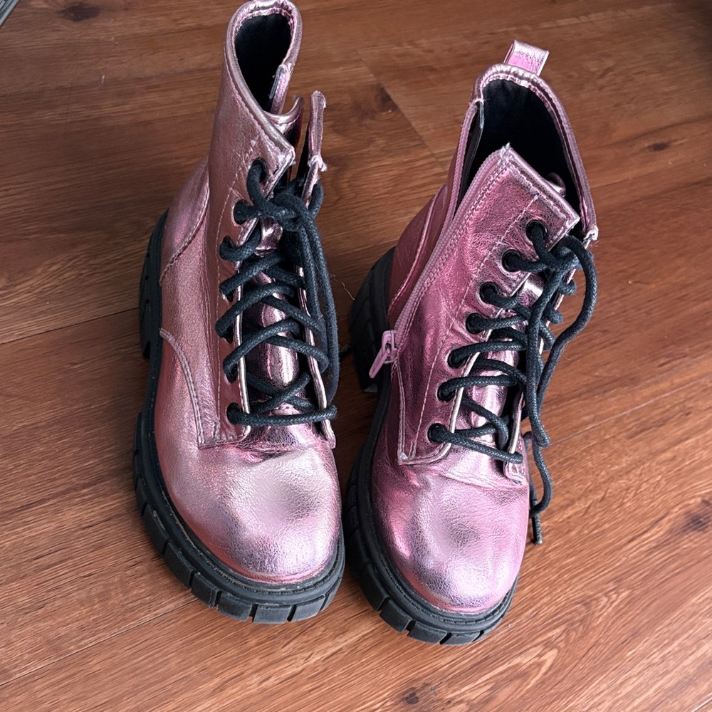 Shiny Pink Kids Lace-Up Boots